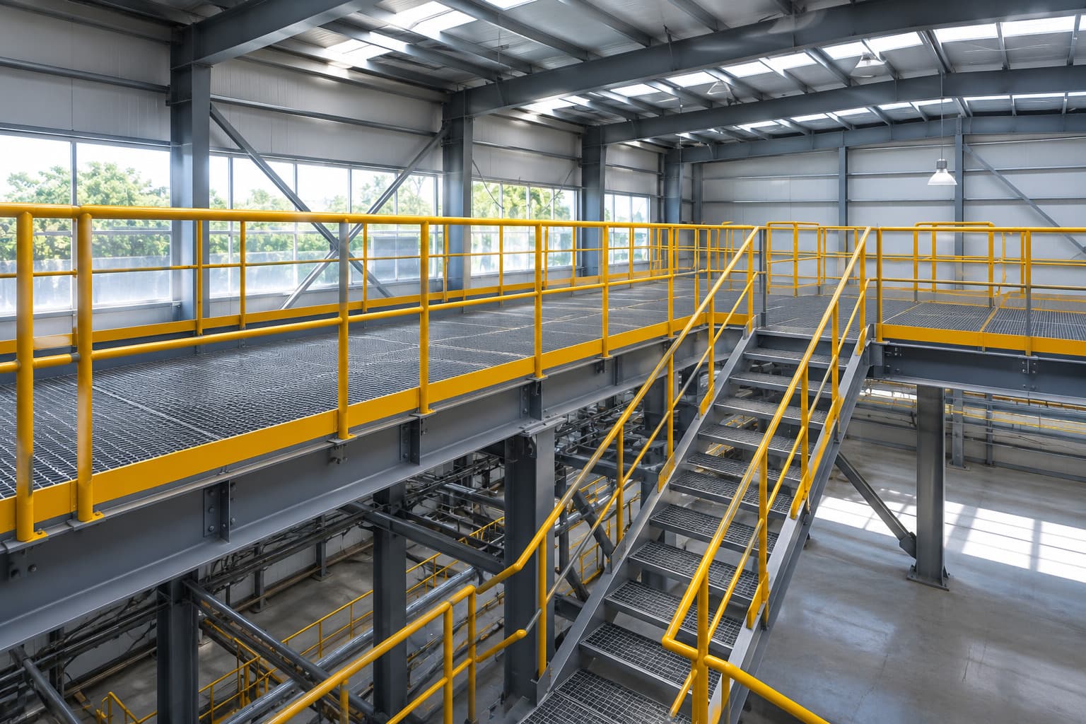 Industrial handrails and guardrails installed around elevated steel platforms and walkways