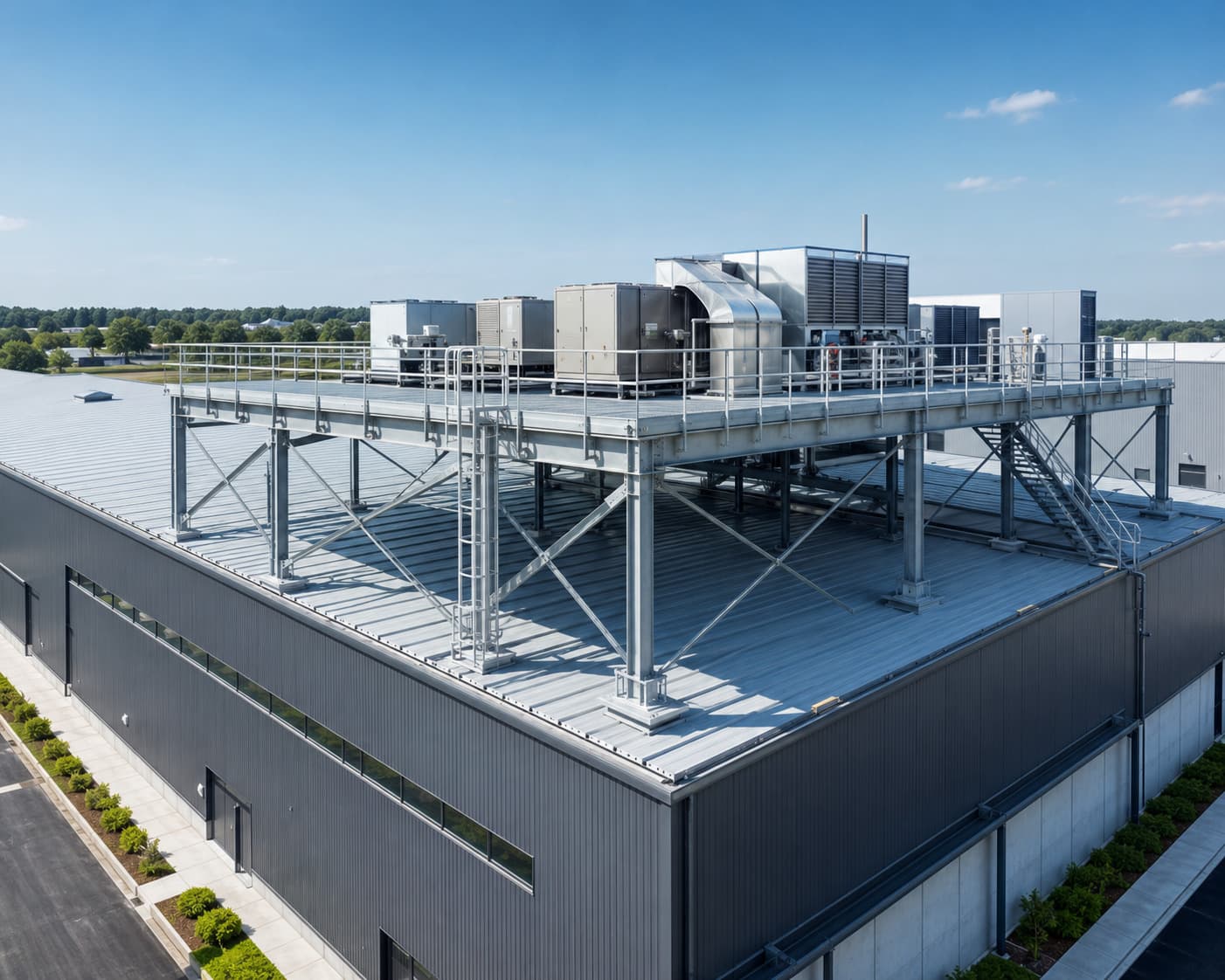 Engineered structural roof platform with equipment support, maintenance access and guardrails