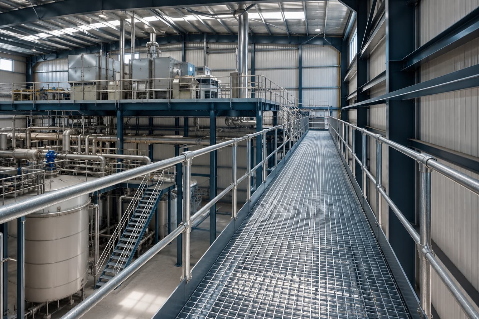 Industrial steel walkway and catwalk with grating floor and guardrails inside a PEB building