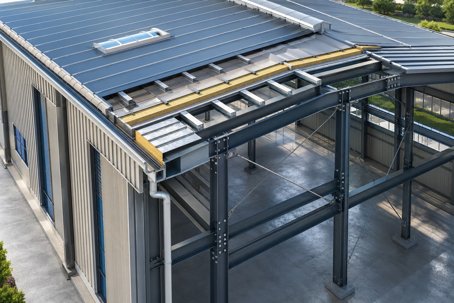 Major structural components of a standing seam roofing system